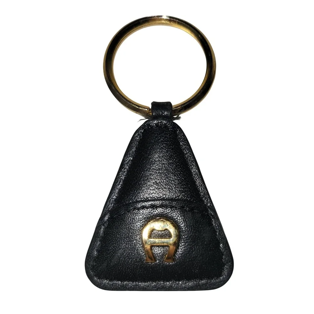 Vintage Etienne Aigner ~ Black Leather & Gold-tone Key‎ Fob, Keychain